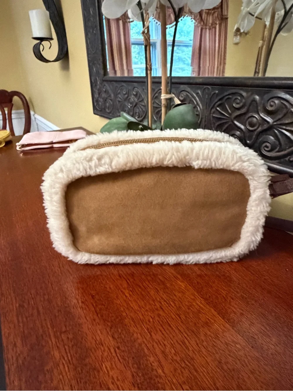 UGG Chestnut Suede Crossbody with Cream Shearling Trim